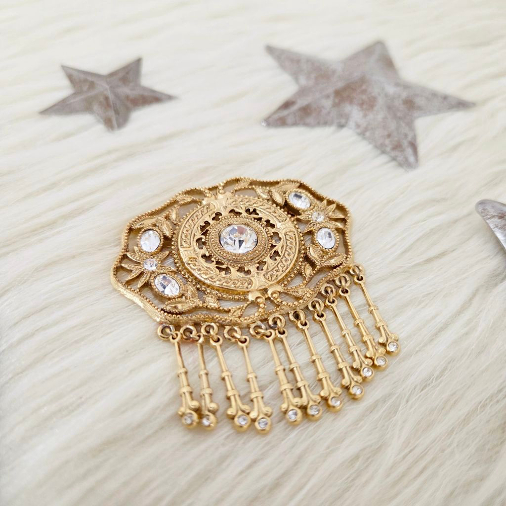Vintage Gold Tone victorian revival Dangle Brooch rhinestone fringe filigree pin